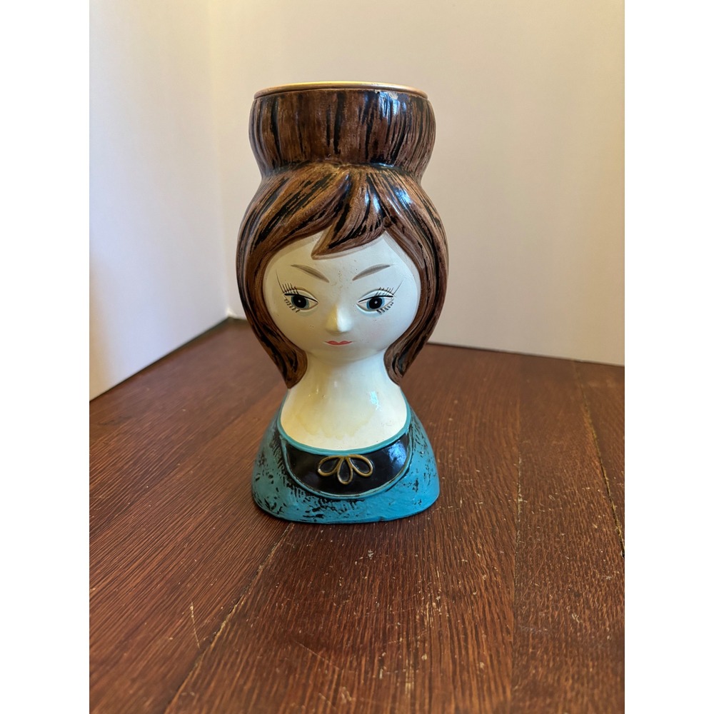 Vintage MCM Ceramic Lady Head Vase Beehive Hair Teal Blue 7.5" Unmarked